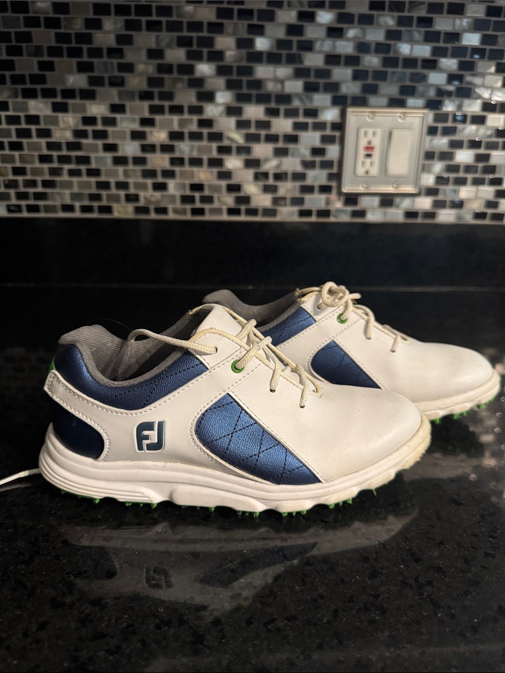 FootJoy Kids White & Navy Golf Sneakers with Green Accents